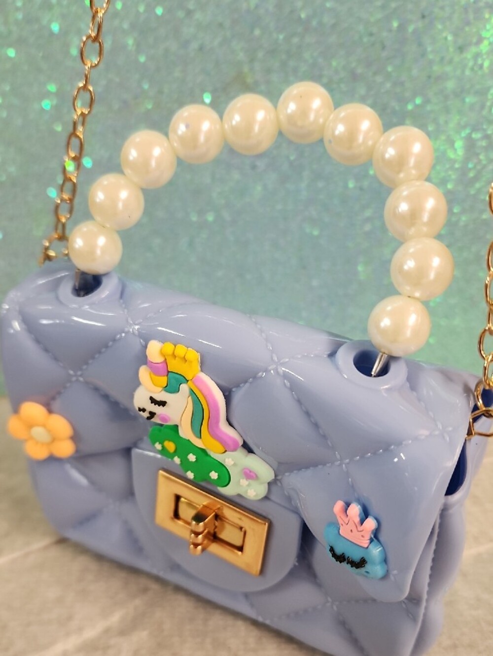 Lilac Quilted Pearl-Handle Crossbody Bag with Unicorn Accents - Picture 5 of 13